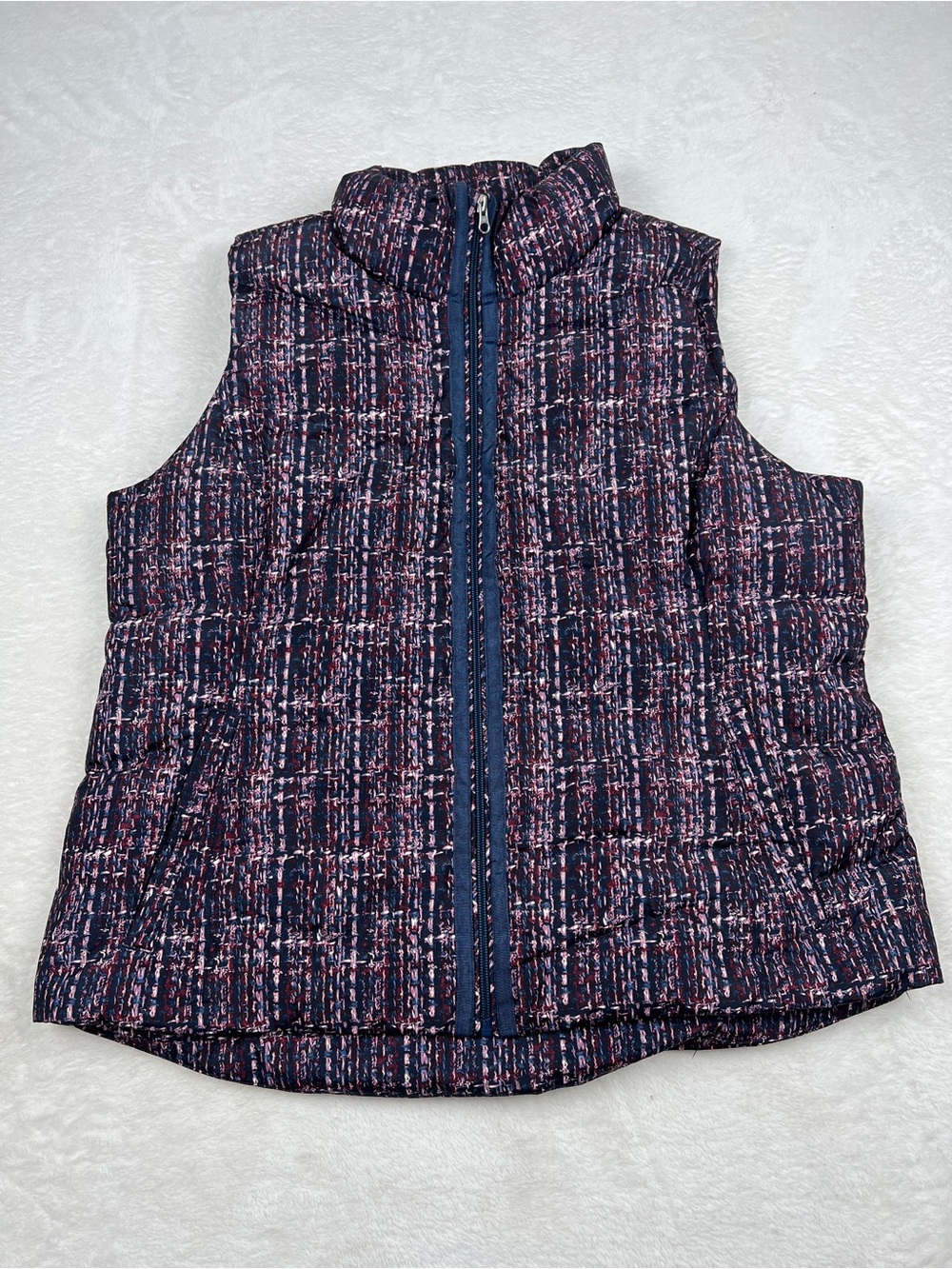 Lands End Down Puffer Vest Womens XL Navy Burgundy Tweed Print NWOT